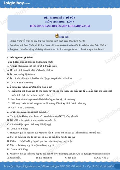 Đề số 4 - Đề kiểm tra học kì 1 - Sinh học 9